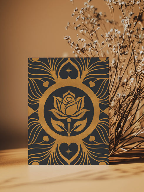 Luxury ritual card featuring golden Art Nouveau rose design on deep emerald background with heart motifs. Inside contains self-love and romance rituals. Perfect for Valentine's Day or personal spiritual practice.